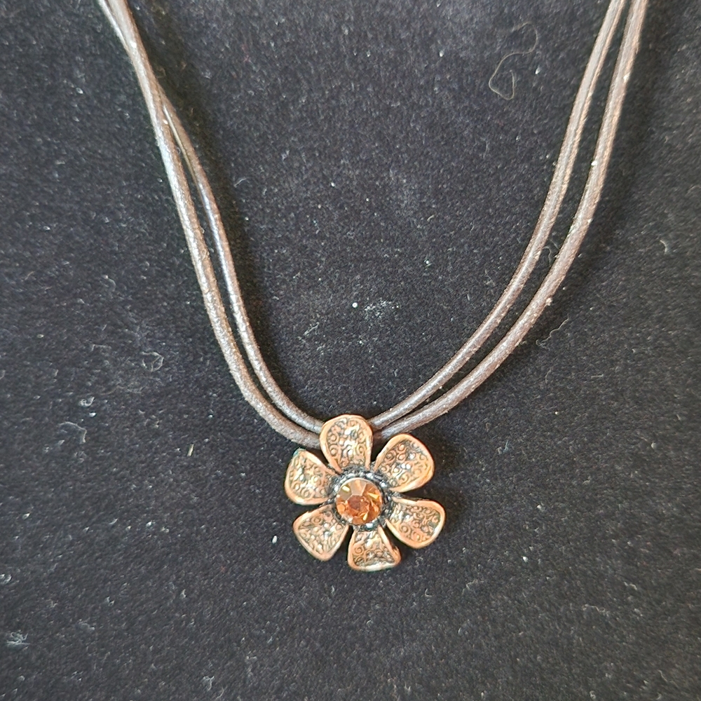 Copper Orange Flower Pendant 16" Leather Necklace